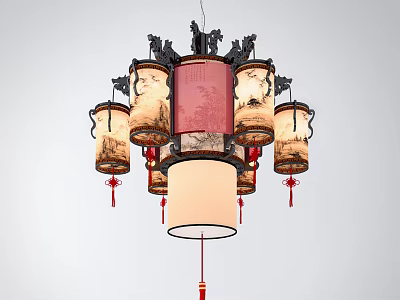 Traditional Chinese Style Chandelier With Lantern Shaped Shades And Red Decorative Tassels 3d model