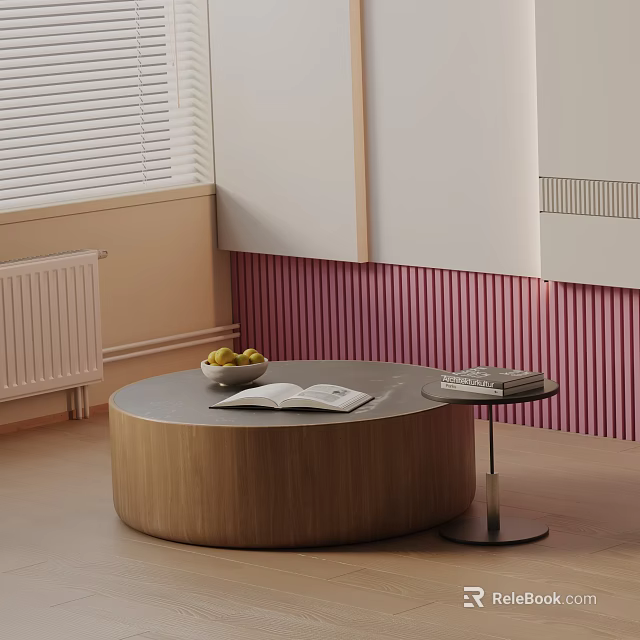 Modern Sofa Coffee Table Combination With Round Wooden Top Open Book And Fruit Bowl 3d model 