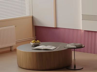 Modern Sofa Coffee Table Combination With Round Wooden Top Open Book And Fruit Bowl 3d model