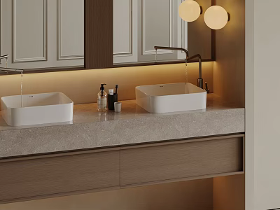 Modern Double Washbasin Vanity With White Square Sinks Marble Countertop And Round Mirror Lights 3d model