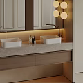 Modern Double Washbasin Vanity With White Square Sinks Marble Countertop And Round Mirror Lights