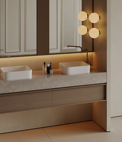 Modern Double Washbasin Vanity With White Square Sinks Marble Countertop And Round Mirror Lights 3d model