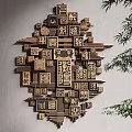 Three Dimensional Wooden Chinese Symbols Wall Decor with Staggered Arrangement and Green Plants