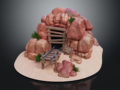 Scenic Desert Landscape Featuring Red Rocks Wooden Mine Entrance Rail Tracks And Sandy Ground 3d model