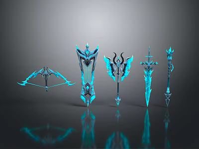 Five Blue Glowing Fantasy Weapons Including Bow Polearm Winged Staff And Slim Decorative Designs 3d model