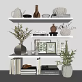 Decorative Ornament Set On White Shelves With Vases Plants Shell Frames And Books