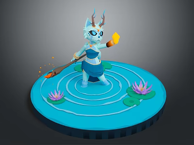 Mythical Horned Creature Character On Blue Lily Pad Platform With Magic Staff Orange Sparkles 3d model