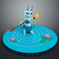 Mythical Horned Creature Character On Blue Lily Pad Platform With Magic Staff Orange Sparkles