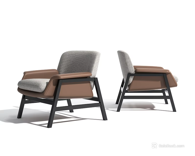 Modern Minimalist Lounge Chair Pair With Gray Upholstered Seat Brown Armrest And Black Metal Frame 3d model 
