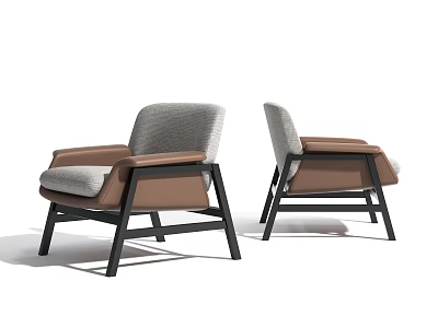 Modern Minimalist Lounge Chair Pair With Gray Upholstered Seat Brown Armrest And Black Metal Frame 3d model