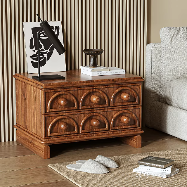 Traditional Wooden Nightstand With Six Drawers Round Knobs Lamp And Books Next To Sofa 3d model 