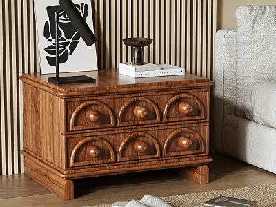 Traditional Wooden Nightstand With Six Drawers Round Knobs Lamp And Books Next To Sofa 3d model
