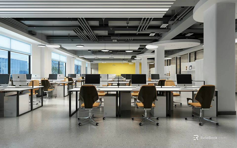 Modern Public Office Space With Open Layout Desks Ergonomic Chairs And Bright Lighting 3d model 