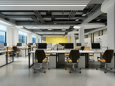 Modern Public Office Space With Open Layout Desks Ergonomic Chairs And Bright Lighting 3d model