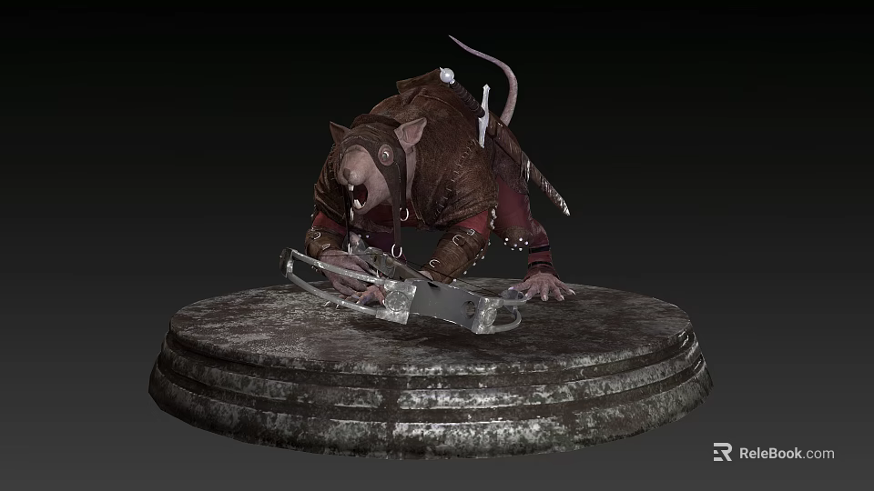 3D Warrior Rat Character in Leather Armor with Chainsaw on Stone Pedestal 3d model 
