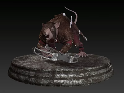3D Warrior Rat Character in Leather Armor with Chainsaw on Stone Pedestal 3d model