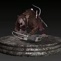 3D Warrior Rat Character in Leather Armor with Chainsaw on Stone Pedestal