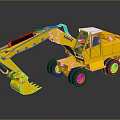 Detailed Yellow GOYO Wheel Excavator Model With Cab And Bucket On Reflective Surface