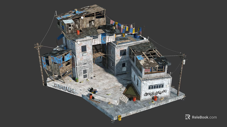 Dilapidated Urban Building Cluster With Graffiti Walls Tattered Flags And Scattered Debris 3d model 