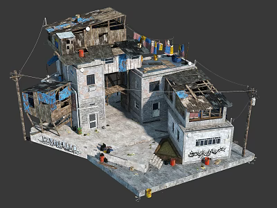 Dilapidated Urban Building Cluster With Graffiti Walls Tattered Flags And Scattered Debris 3d model