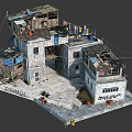 Dilapidated Urban Building Cluster With Graffiti Walls Tattered Flags And Scattered Debris