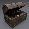 Open Wooden Treasure Chest With Metal Bands Filled Gold Coins Colorful Gems