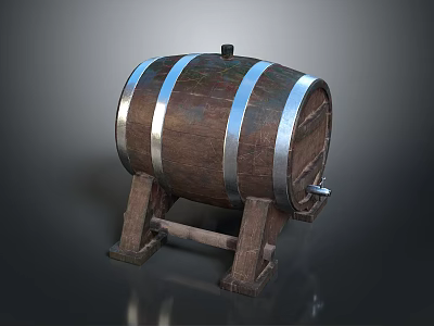 Vintage Wooden Barrel With Metal Hoops On Sturdy Wooden Stand 3d model