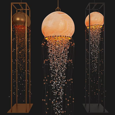 Decorative Modern Floor Lamp With Golden Sphere Shade And Hanging Orange White Brown Bead Tassels 3d model