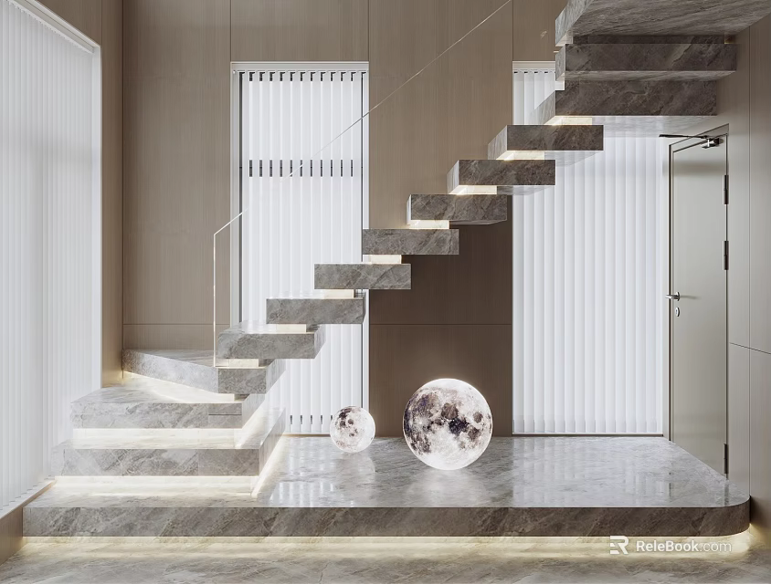 Modern Marble Staircase Interior Design With LED Strip Lighting And Round Decorative Lamps 3d model 