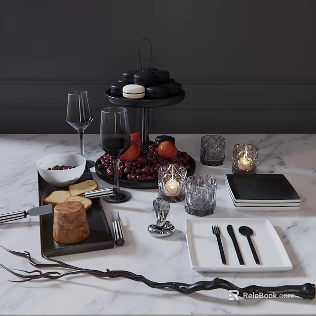 Elegant Tableware Set With Fruits Candles Macaron Stand And Wine Glasses 3d model 
