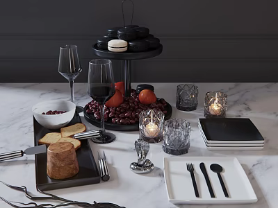 Elegant Tableware Set With Fruits Candles Macaron Stand And Wine Glasses 3d model