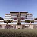 Modern Luxury Residential Building Exterior With Balconies Greenery And Lounge Chairs