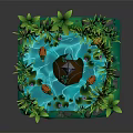 Lush Natural Pond Scene With Tall Reeds Lily Pads Green Plants Rocks And Small Boat