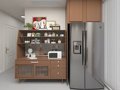 Wooden Sideboard with Glass Doors Drawers and Shelves Holding Jars Plants Microwave Near Refrigerator 3d model