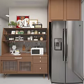 Wooden Sideboard with Glass Doors Drawers and Shelves Holding Jars Plants Microwave Near Refrigerator