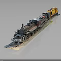 Vintage Steam Train Locomotive With Colorful Modern Carriages And Detailed Wheels On Display Platform
