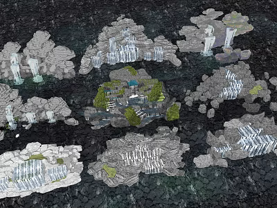 Artistic Garden Ornaments With Decorative Rocks Small Waterfalls And Lush Greenery 3d model