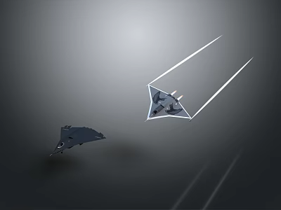 Two Dark Aircraft Larger One With Triangular Shape And White Light Trails Against Gray Background 3d model