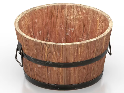 Ceramic Bucket Shaped Vessel With Wooden Texture Black Metal Hoops And Handles 3d model