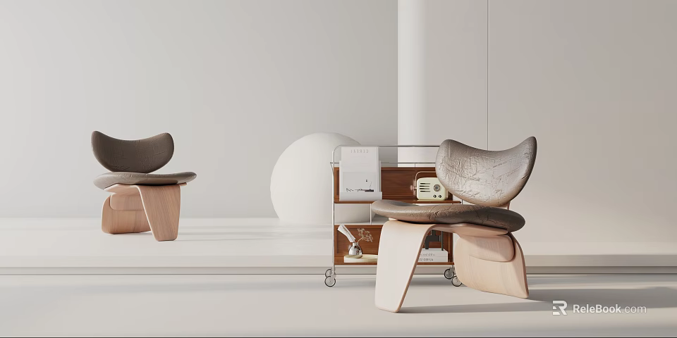 Modern Accent Chair With Curved Leather Upholstery Wooden Legs And Rolling Cart With Magazines 3d model 