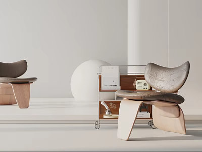Modern Accent Chair With Curved Leather Upholstery Wooden Legs And Rolling Cart With Magazines 3d model