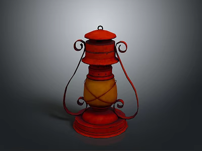 Vintage Red Lantern With Curved Scroll Metal Frame And Yellow Glass Shade 3d model