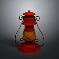 Vintage Red Lantern With Curved Scroll Metal Frame And Yellow Glass Shade