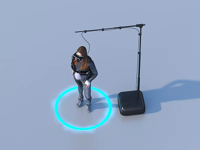 Person Using VR Headset with Blue Glowing Circle and Tracking Stand 3d model