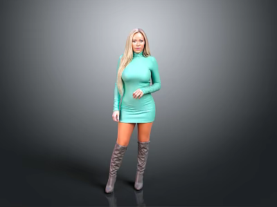 Blonde woman in turquoise dress and gray over-the-knee boots standing against gray background 3d model