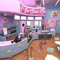 Colorful Ice Cream Shop Interior With Pink And Blue Decor Counter Tables Chairs Vintage Jukebox