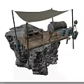 Modern Outdoor Rock Platform With Canvas Awning Metal Tank Wooden Barrels And Hanging Buckets