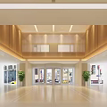 Modern Bright Lobby Interior Featuring Wooden Decor Glass Doors Blue Sign Green Plants And Self Service Kiosks