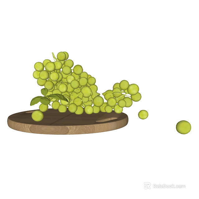 Fresh Ripe Green Grapes on Wooden Tray with Scattered Berries 3d model 