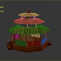 Traditional Wooden Gazebo With Multi Tiered Red Structure Curved Roof And Steps